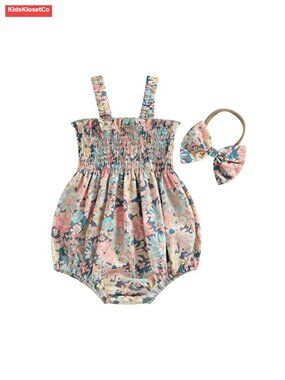 Baby Girl Sleeveless Cotton Linen Romper with Headband